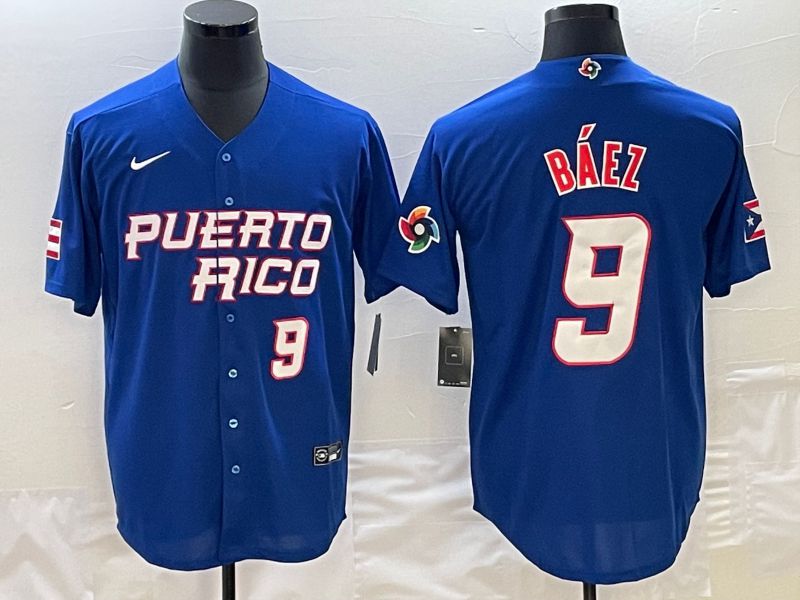 Men 2023 World Cub Puerto Rico 9 Baez Blue Nike MLB Jersey7